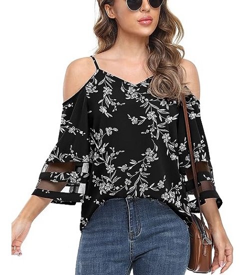 Women‘s Summer Cold Shoulder Tops Mesh Panel 3/4 Bell Sleeve Tees Adjustable Spaghetti Strap Loose Fit Shirts
