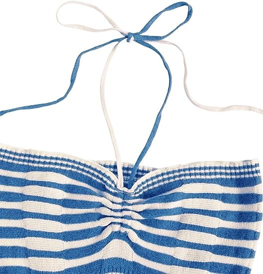 Women's Striped Tie Backless Halter Top Sleeveless Knitted Crop Cami Tank