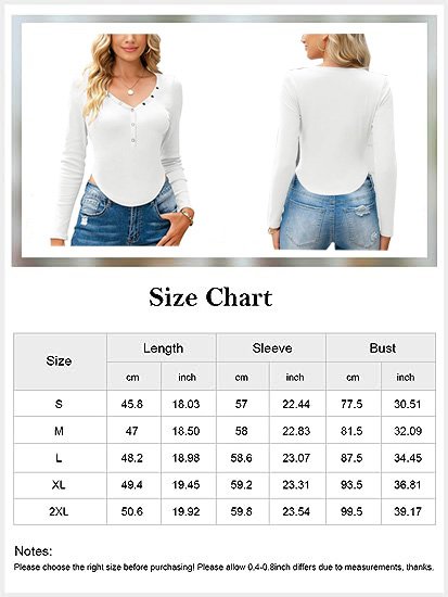 Womens Long Sleeve Shirts V Neck Crop Tops Button Up Asymmetrical Hem Fitted T-Shirts