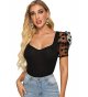 Women's Sweetheart Neck Mesh Puff Sleeve Slim Fitted Tee Top